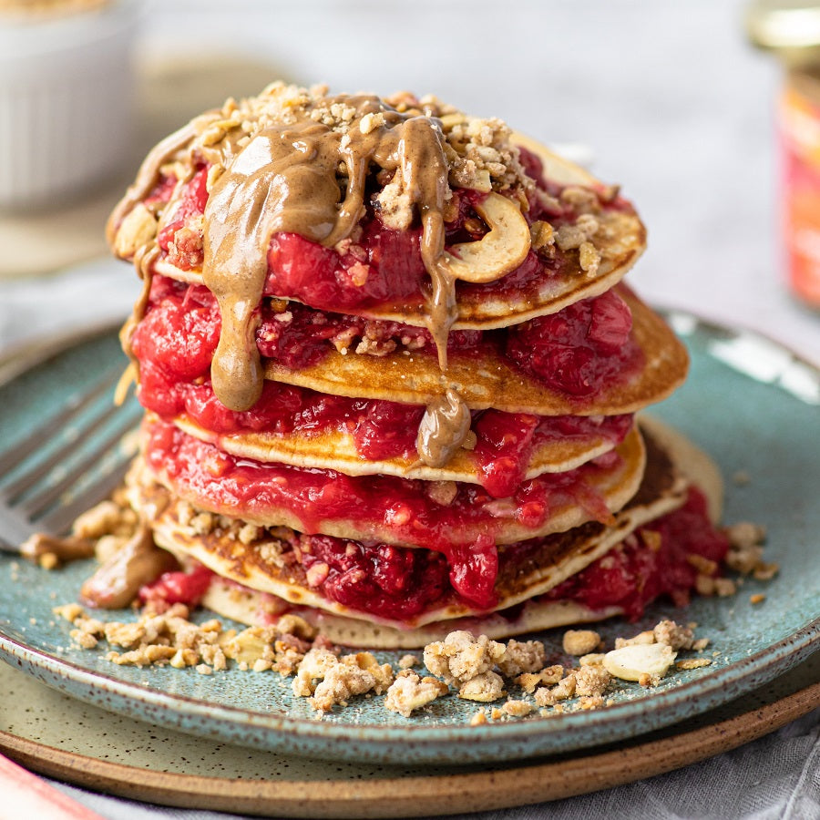 vegan rhubarb raspberries pancakes